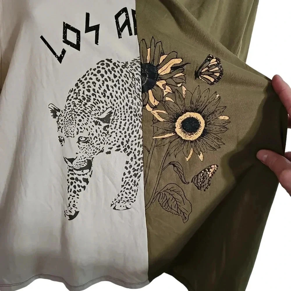 Cato Women’s XL Olive Beige Graphic Tee Leopard Sunflower Boho Y2K Oversized - Picture 3 of 8